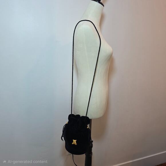 Vintage Black Velvet Bucket Bag Drawstring Gold Teddy Bear Charm Shoulder bag - Picture 5 of 8